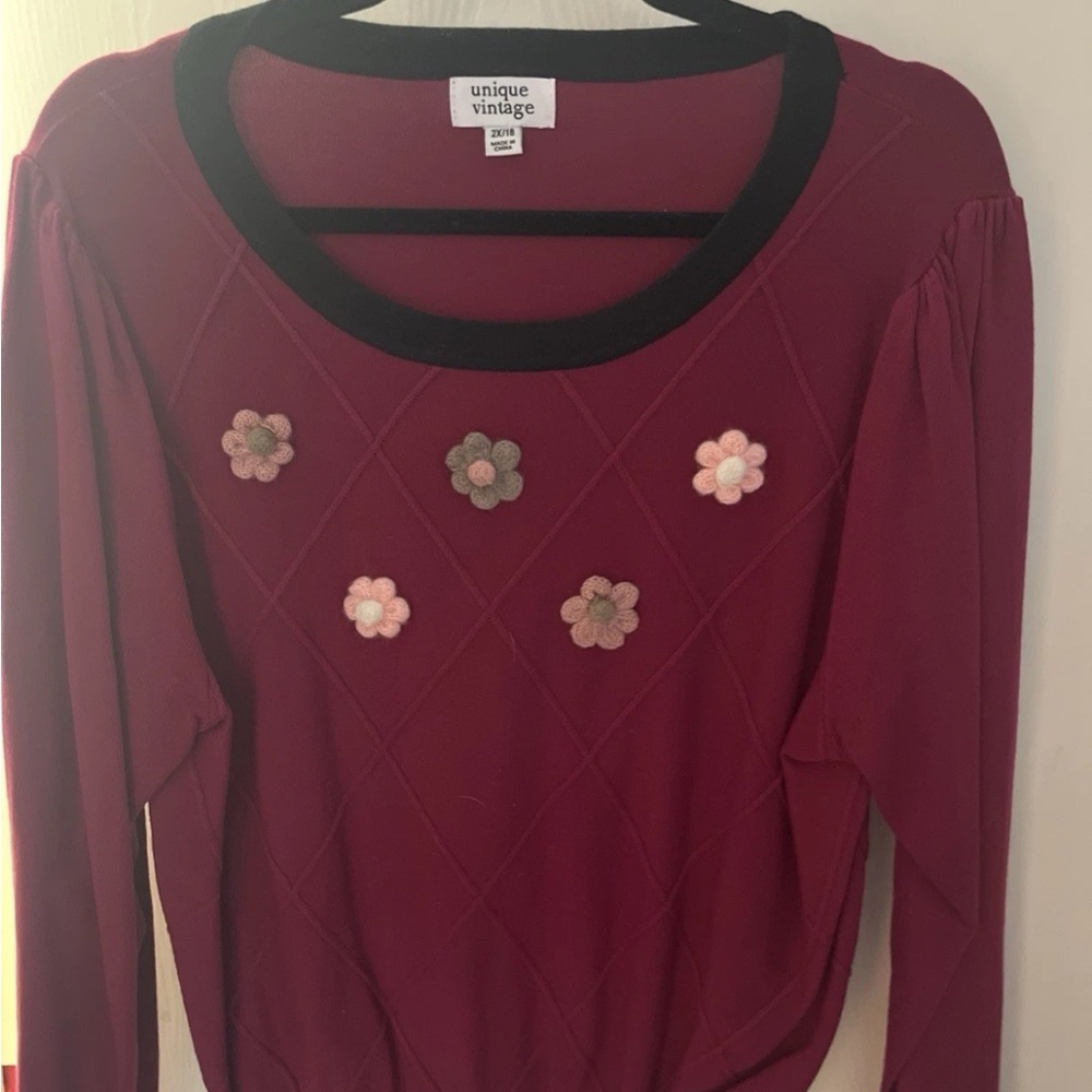 Unique Vintage Women's Burgundy Top with Floral Accents 2X
